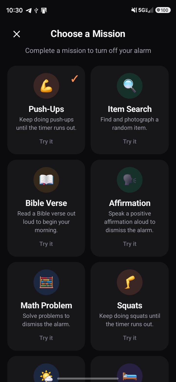 UPSY mission selector with push-ups, item search, math, squats, and more
