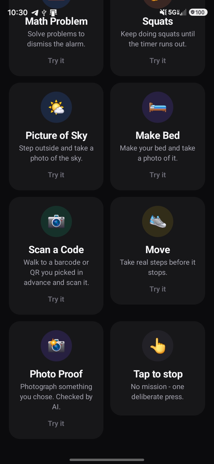 UPSY missions including QR scanning, movement goals, and AI photo proof