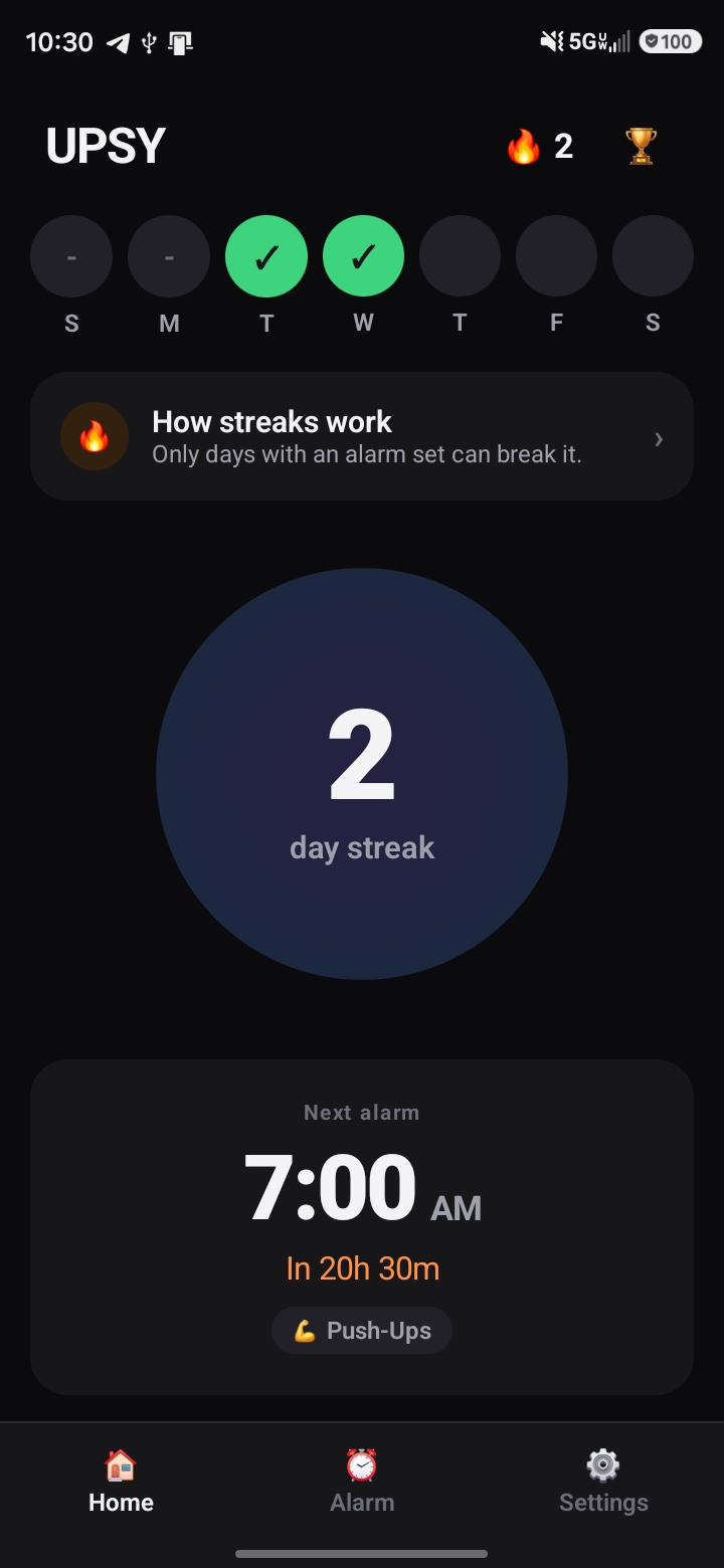 UPSY app showing a two day wake-up streak and the next alarm